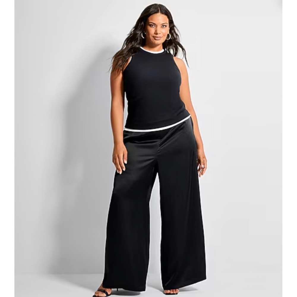 Ashley Graham Womens Black Satin Wide Leg Pants High Rise Plus Size 3X NWT